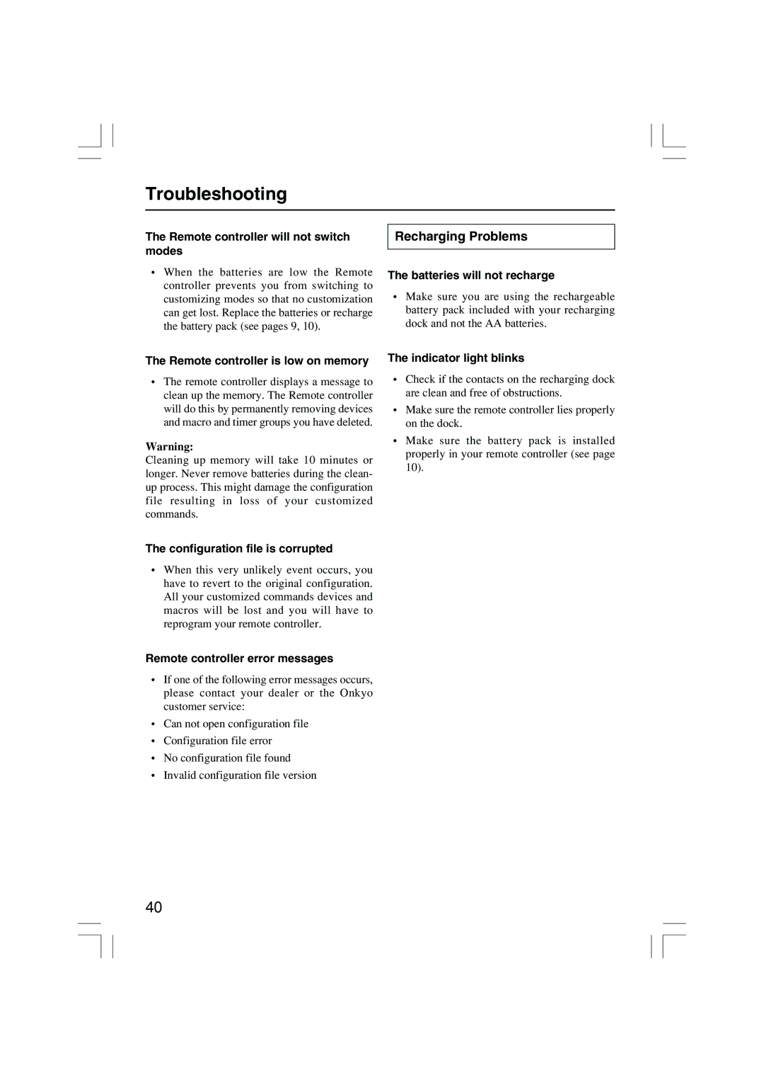 Onkyo USR-5RF instruction manual Recharging Problems 