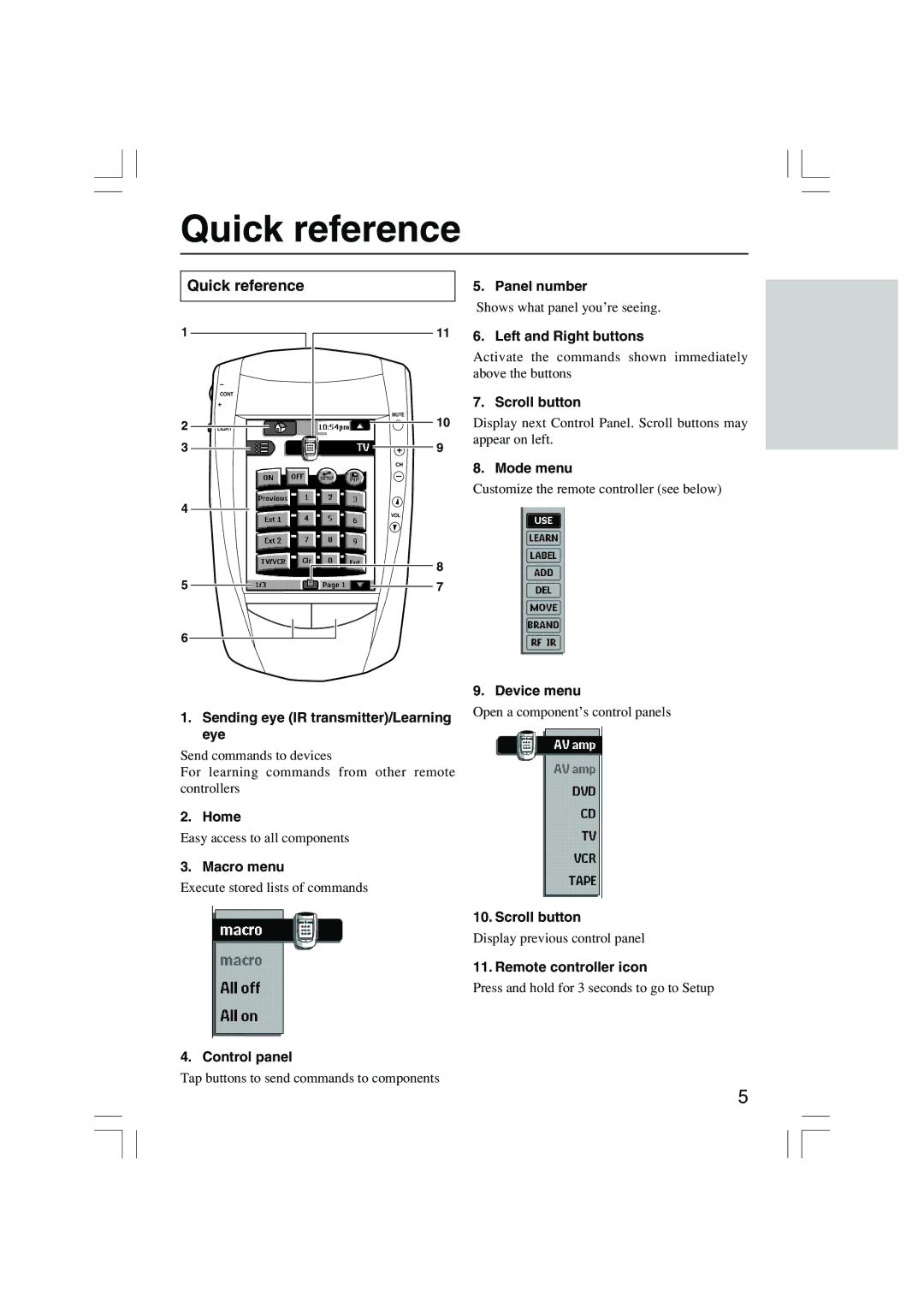 Onkyo USR-5RF instruction manual Quick reference 