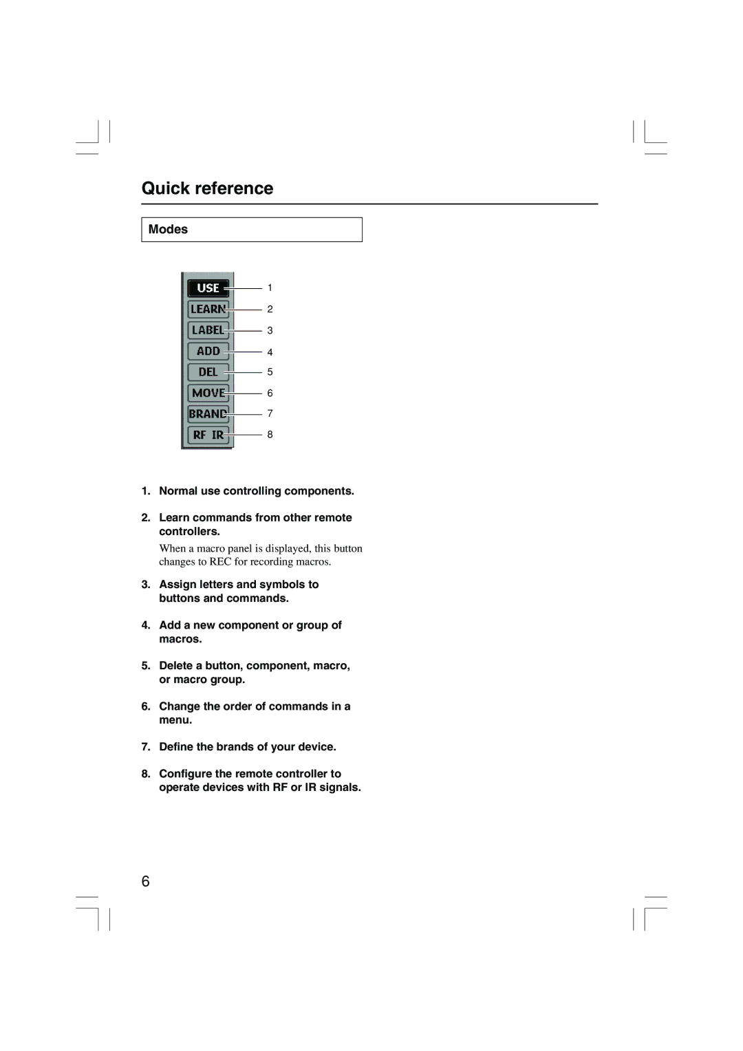 Onkyo USR-5RF instruction manual Quick reference, Modes 