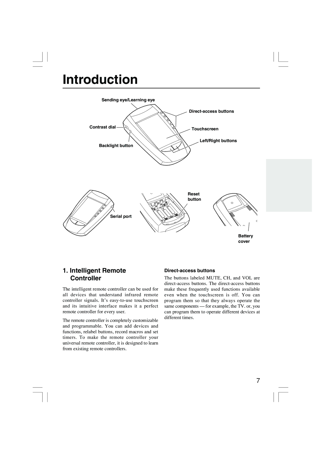 Onkyo USR-5RF instruction manual Introduction, Intelligent Remote Controller, Direct-access buttons 