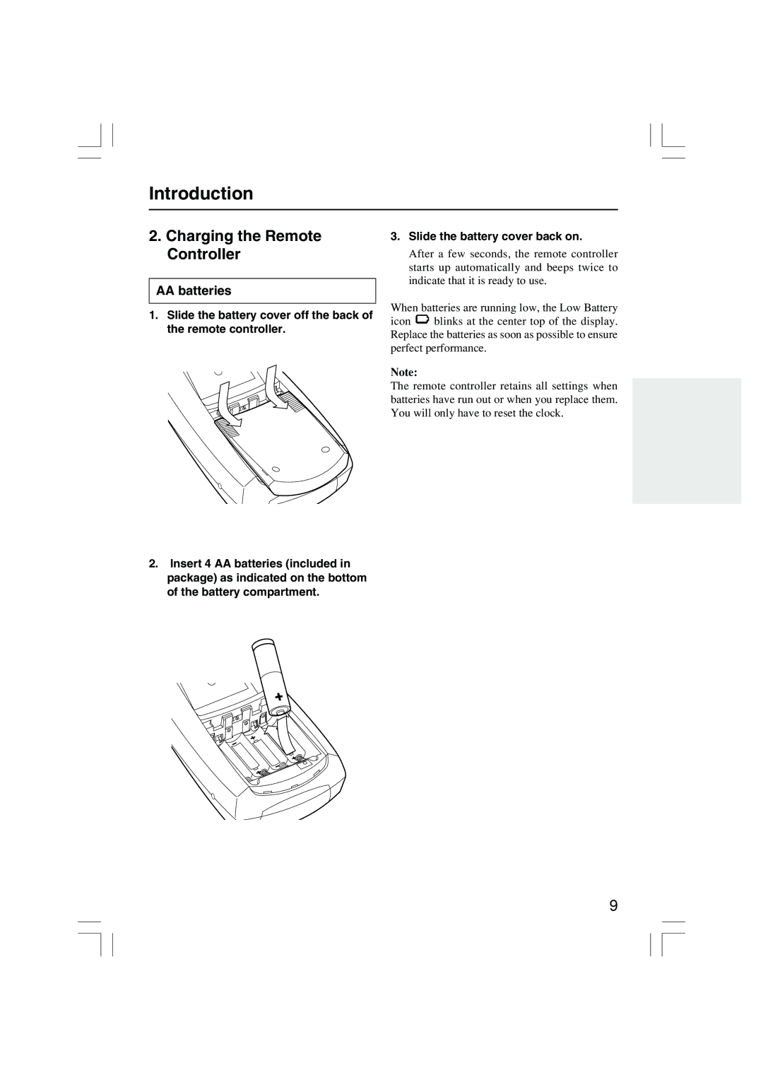 Onkyo USR-5RF instruction manual Charging the Remote Controller, AA batteries 