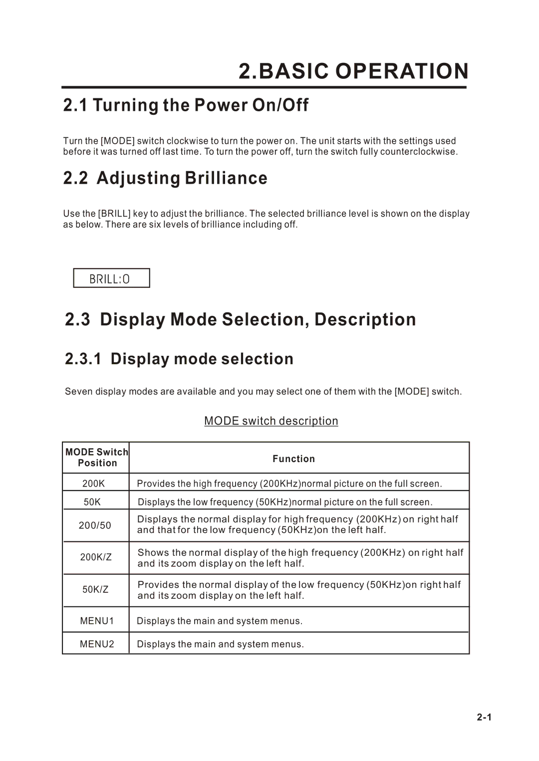 Onwa KF-667 manual Basic Operation, Turning the Power On/Off, Adjusting Brilliance, Display Mode Selection, Description 