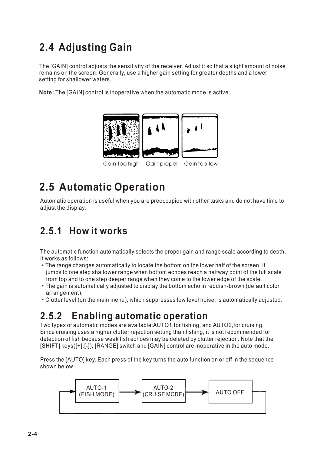 Onwa KF-667 manual Adjusting Gain, Automatic Operation, How it works, Enabling automatic operation 