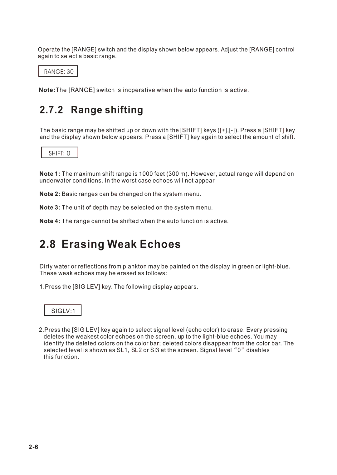 Onwa KF-667 manual Erasing Weak Echoes, Range shifting 