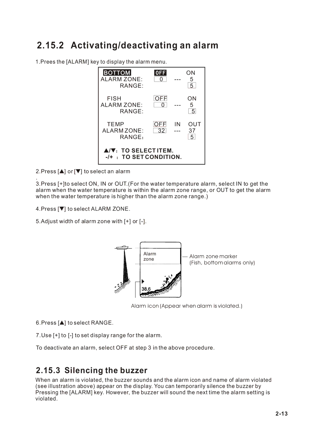 Onwa KF-667 manual Activating/deactivating an alarm, Silencing the buzzer 