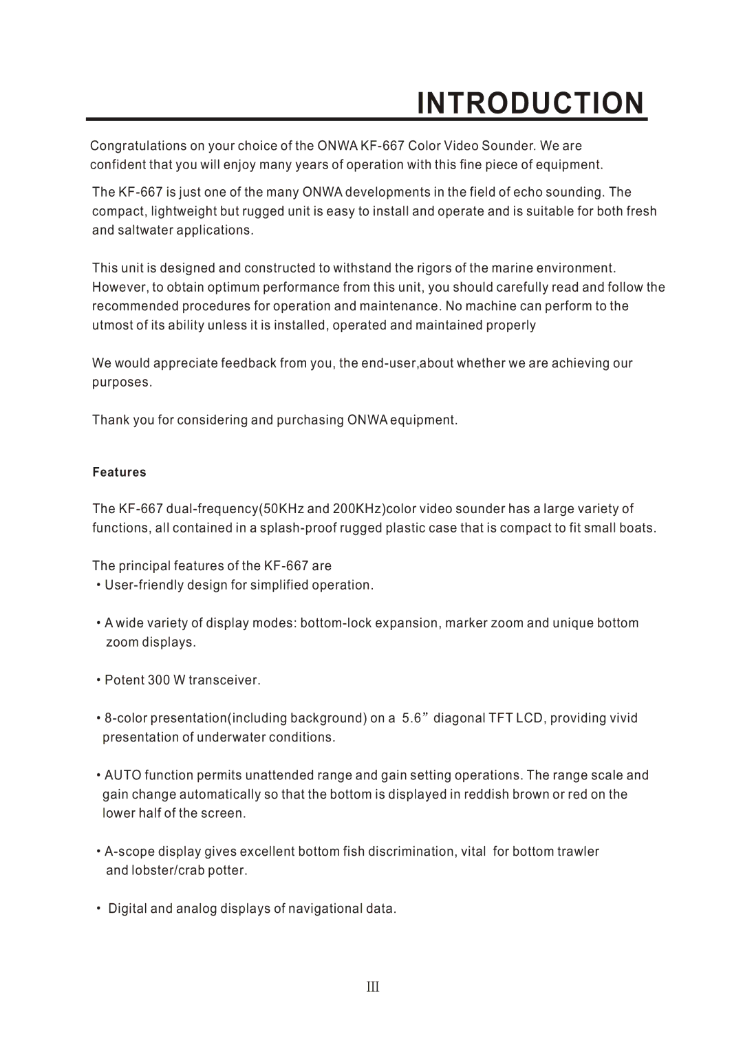 Onwa KF-667 manual Introduction, Features 