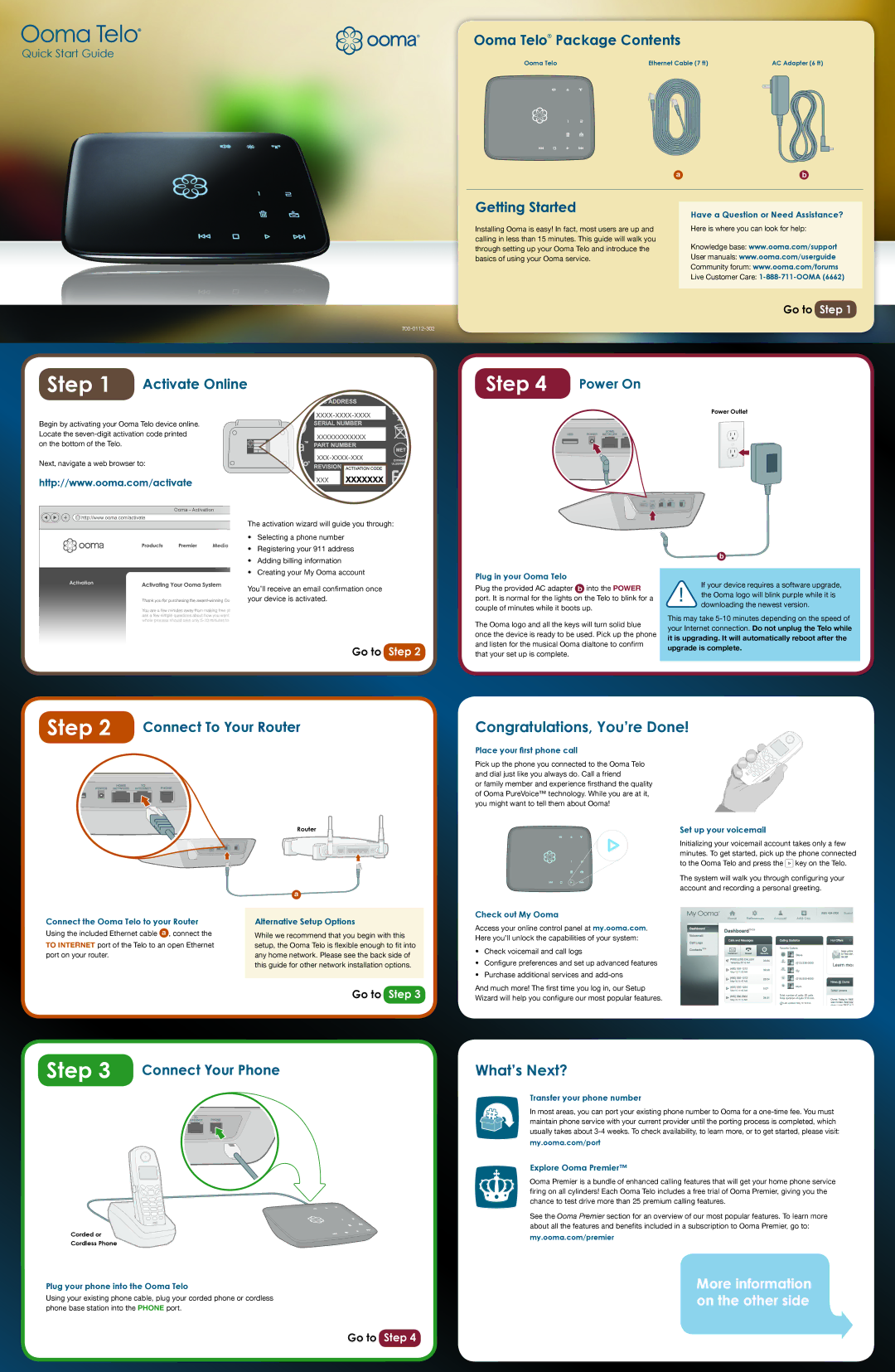 ooma 100-0201-100 quick start Ooma Telo Package Contents, Getting Started, Activate Online, Connect To Your Router 