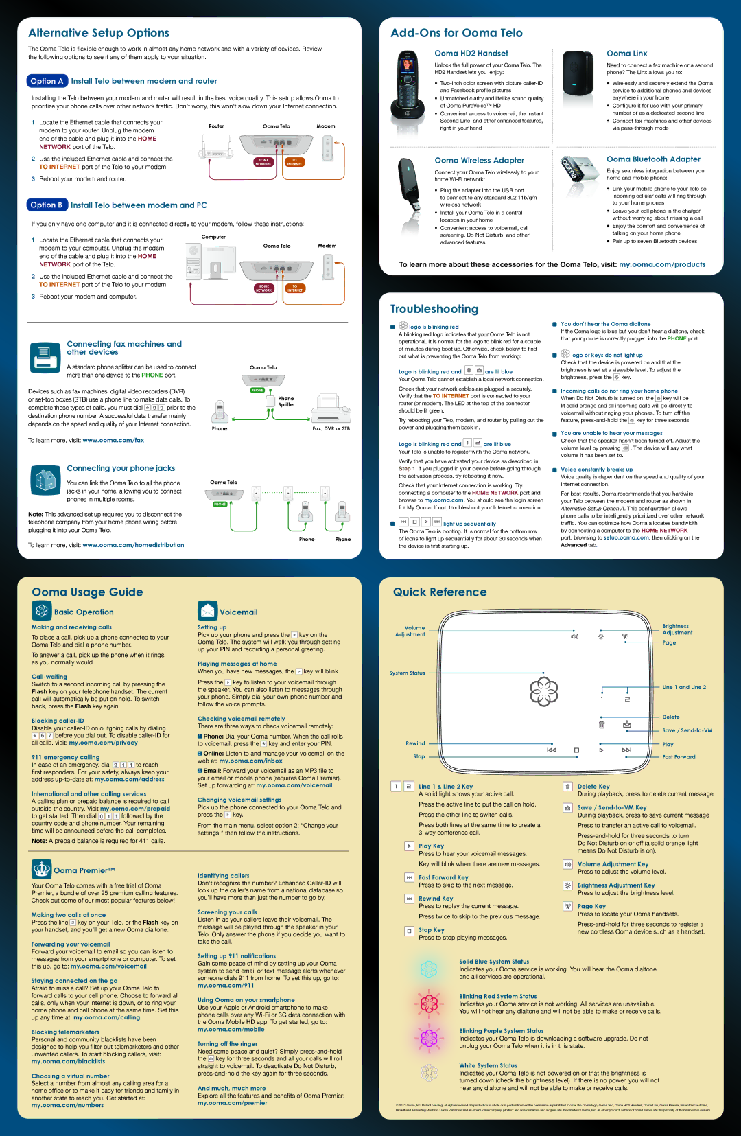 ooma 100-0201-100 Alternative Setup Options, Add-Ons for Ooma Telo, Troubleshooting, Ooma Usage Guide, Quick Reference 