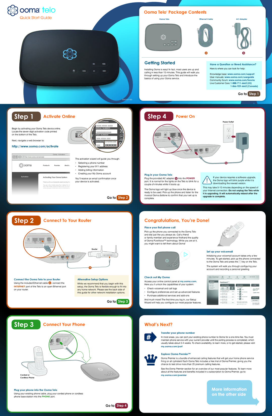 ooma 100-0201-100 quick start Activate Online, Connect To Your Router, Ooma Telo Package Contents, Connect Your Phone 