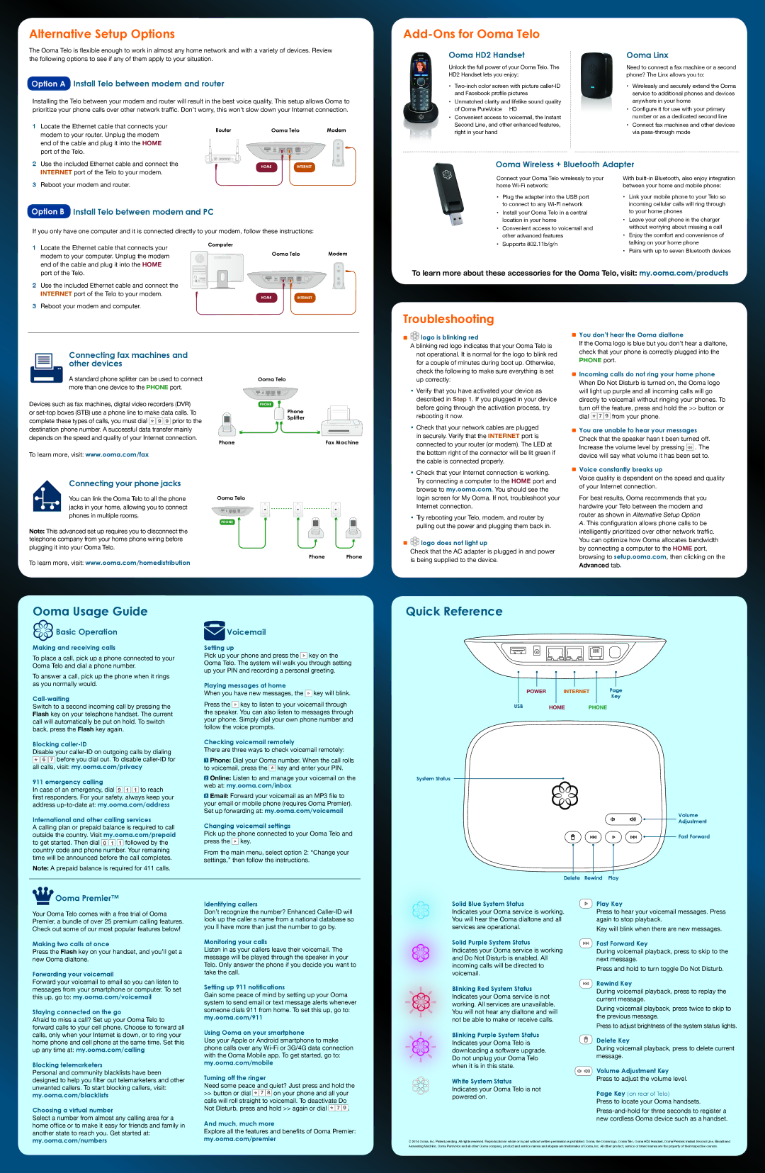 ooma 100-0201-100 quick start Alternative Setup Options, Add-Ons for Ooma Telo, Troubleshooting 