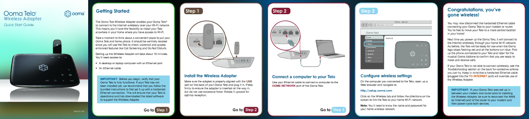 ooma 700-0117-102 quick start Getting Started, Congratulations, you’ve gone wireless, Install the Wireless Adapter 