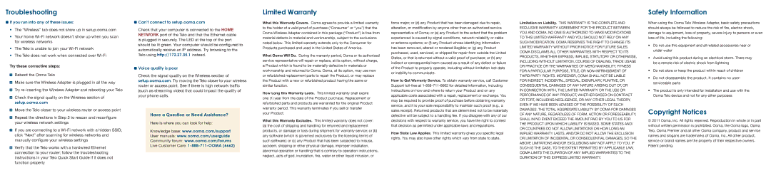 ooma 700-0117-102 quick start Troubleshooting, Limited Warranty, Safety Information, Copyright Notices 