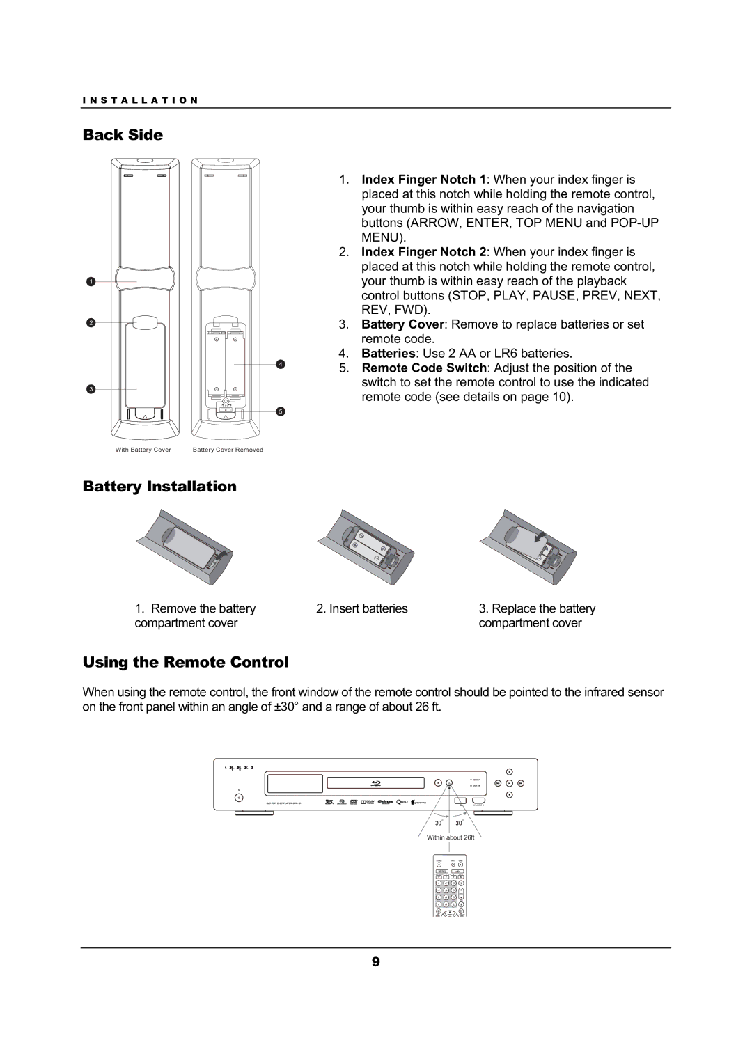 OPPO Digital BDP-103 user manual Back Side, Battery Installation, Using the Remote Control 