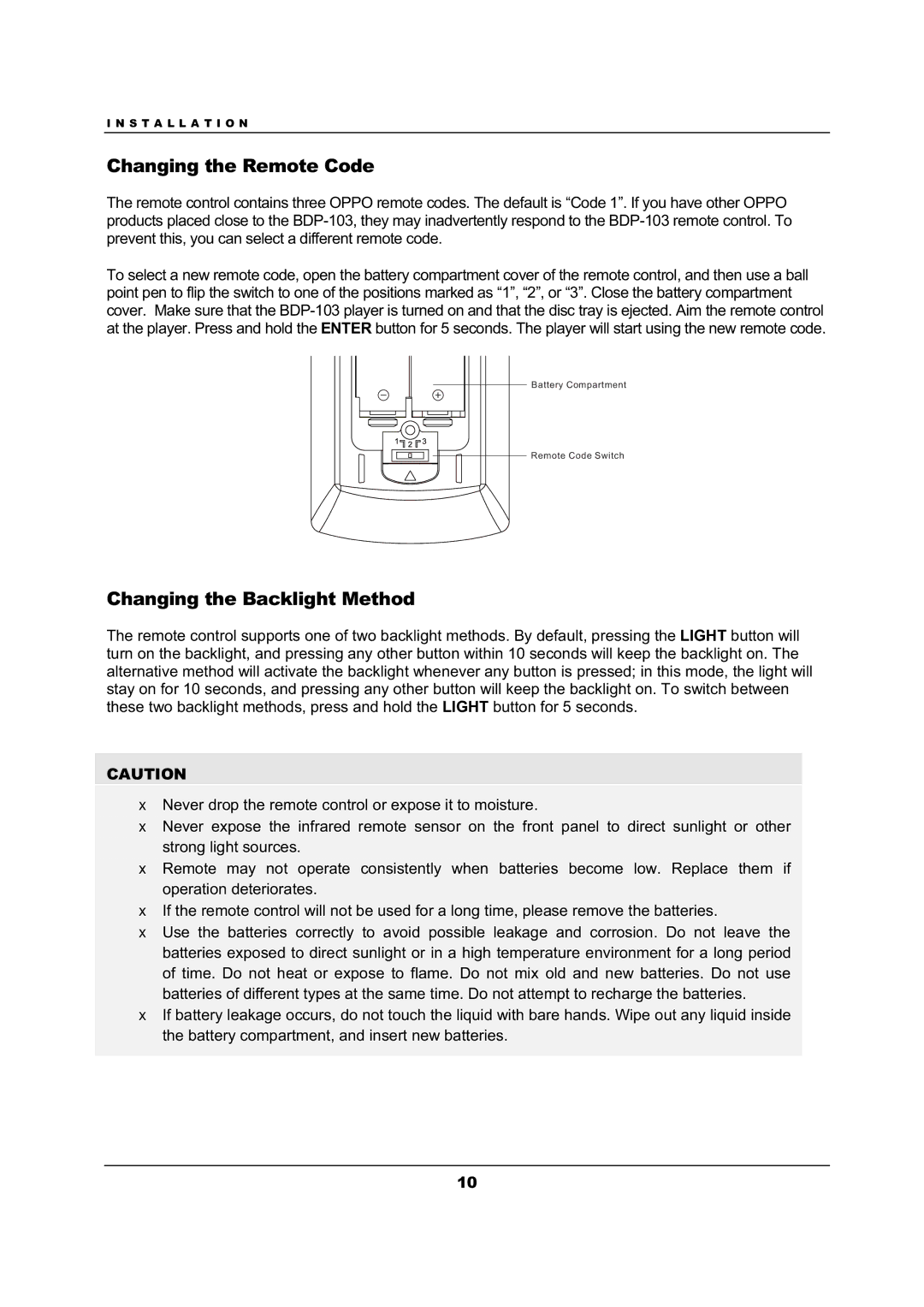 OPPO Digital BDP-103 user manual Changing the Remote Code, Changing the Backlight Method 