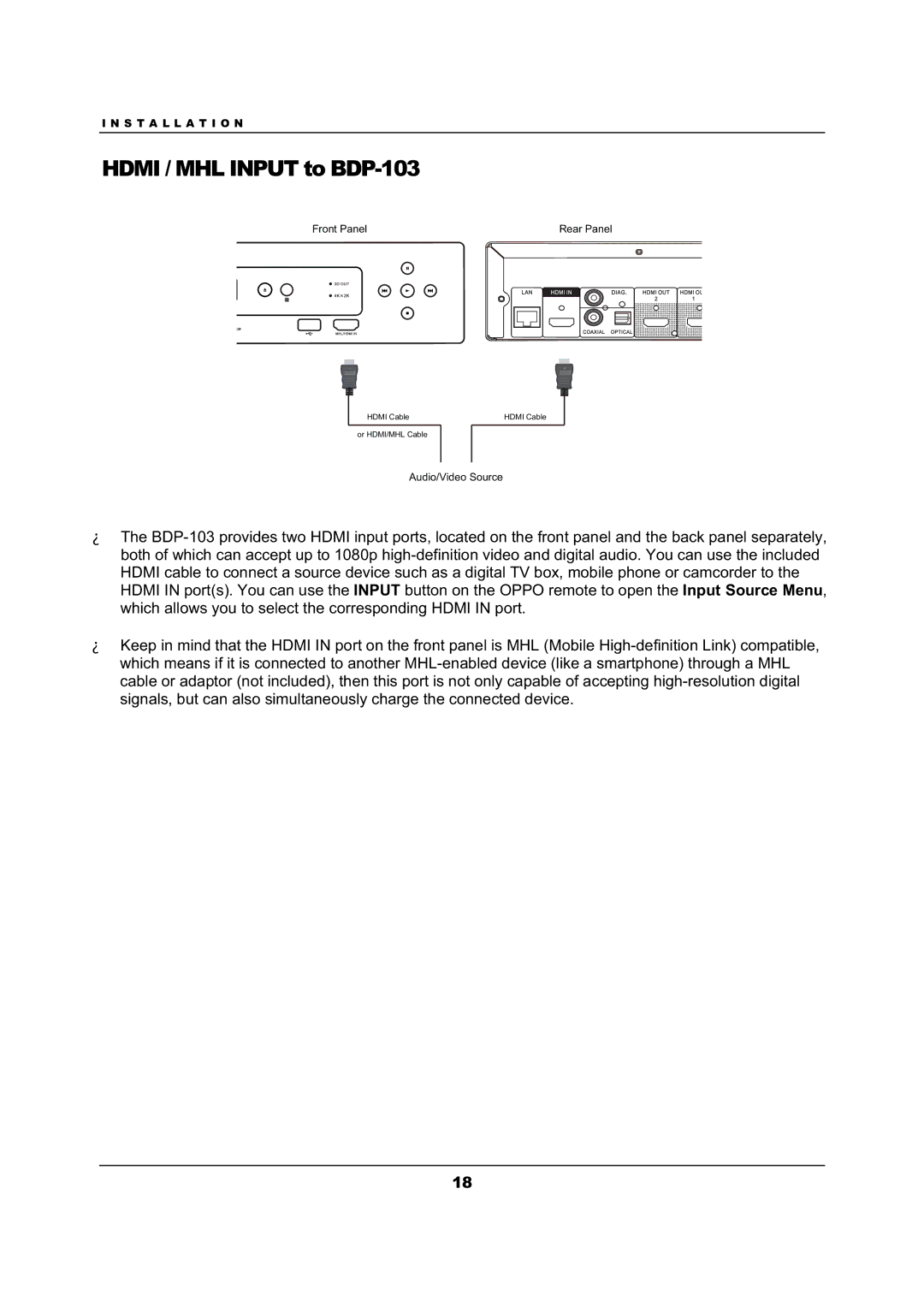 OPPO Digital user manual Hdmi / MHL Input to BDP-103 