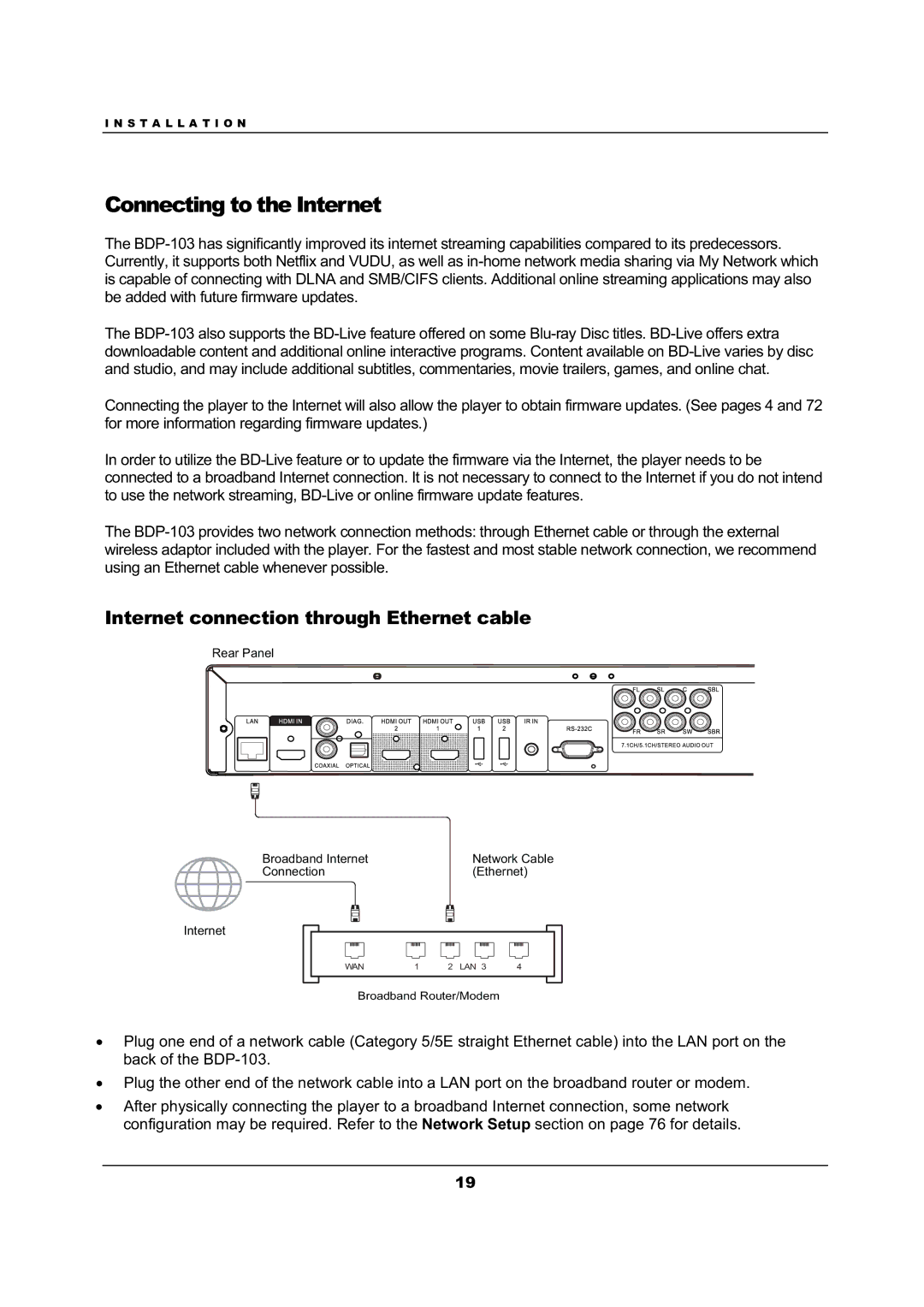 OPPO Digital BDP-103 user manual Connecting to the Internet, Internet connection through Ethernet cable 