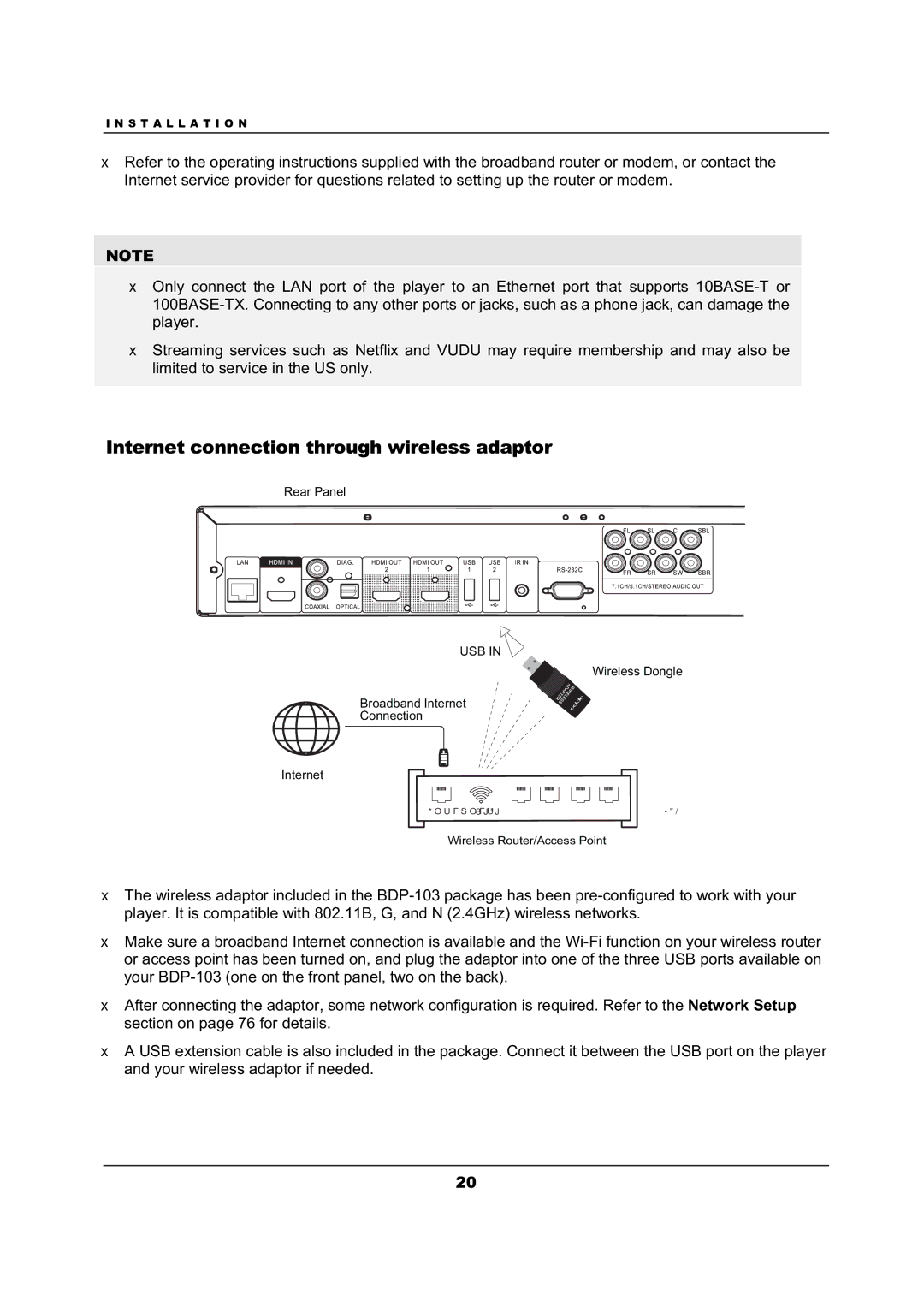 OPPO Digital BDP-103 user manual Internet connection through wireless adaptor, Usb 