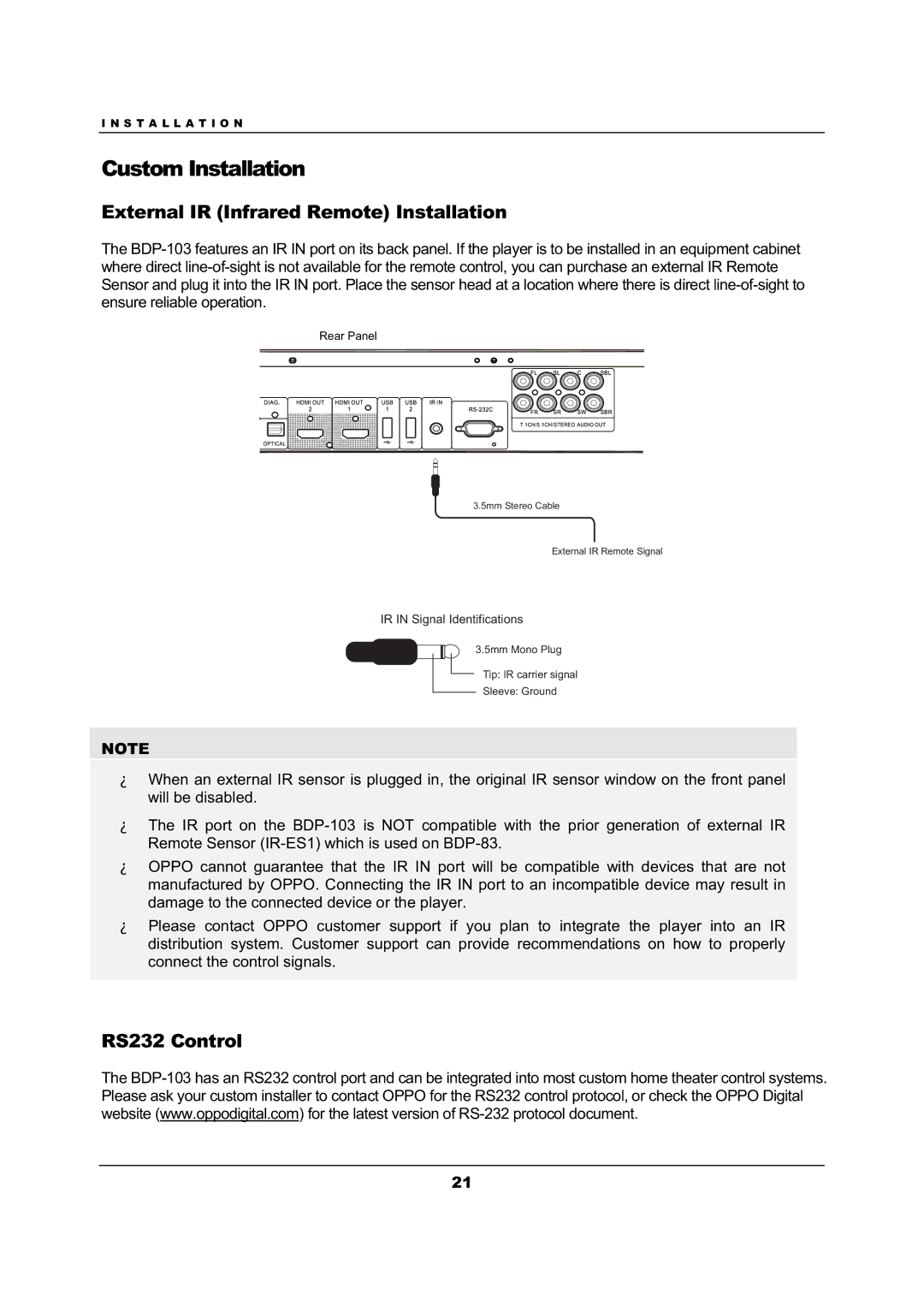 OPPO Digital BDP-103 user manual Custom Installation, External IR Infrared Remote Installation, RS232 Control 