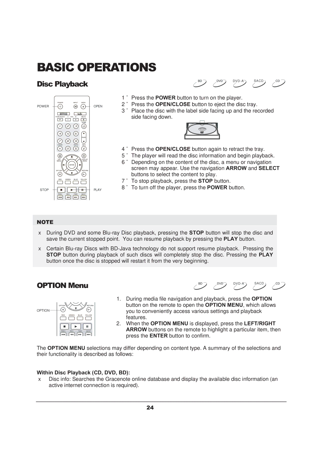 OPPO Digital BDP-103 user manual Disc Playback, Option Menu 