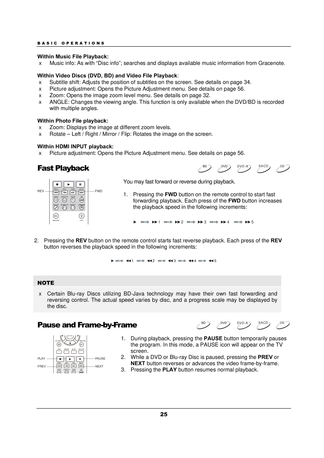 OPPO Digital BDP-103 user manual Fast Playback, Pause and Frame-by-Frame 