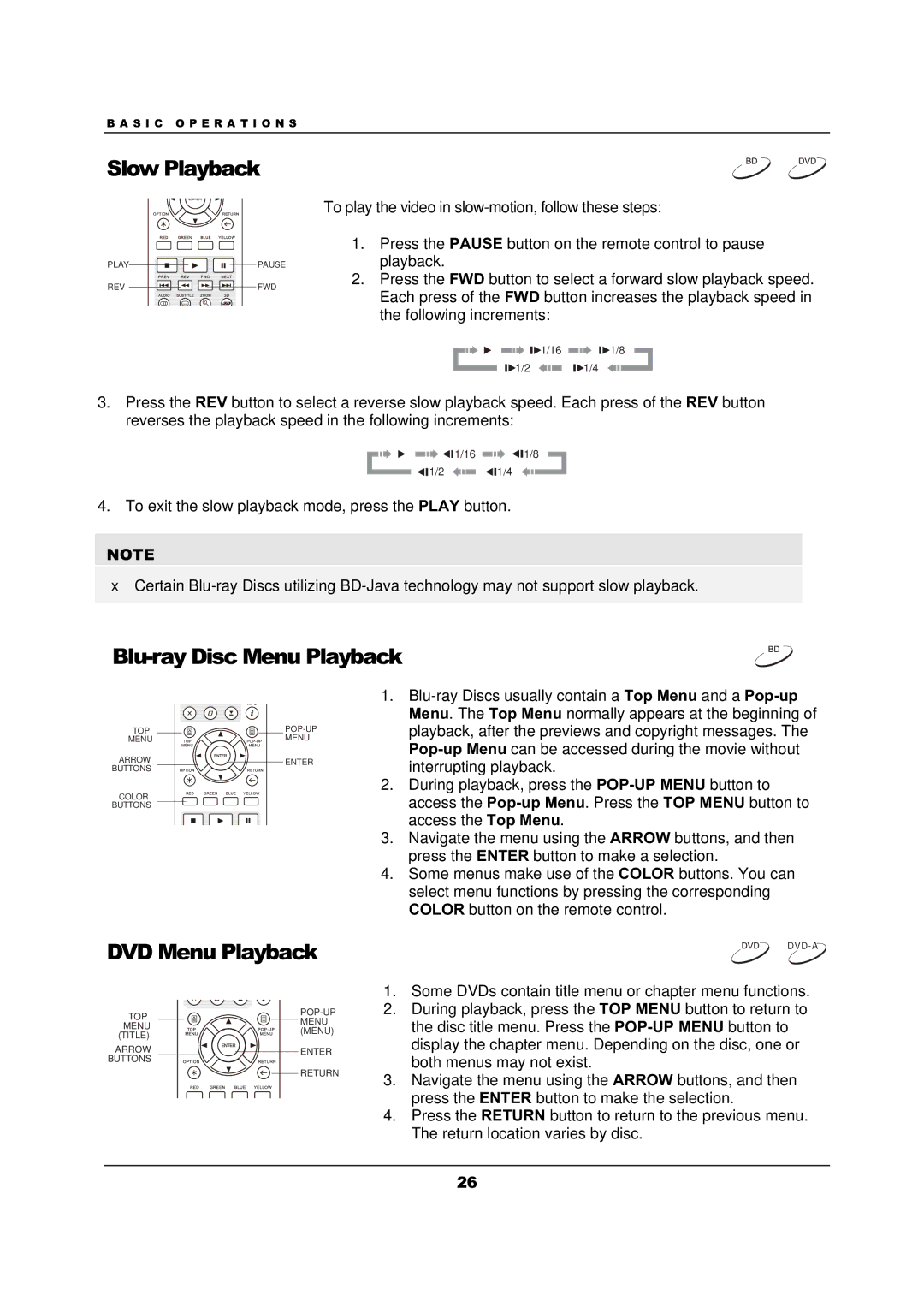 OPPO Digital BDP-103 user manual Slow Playback, Blu-ray Disc Menu Playback, DVD Menu Playback 