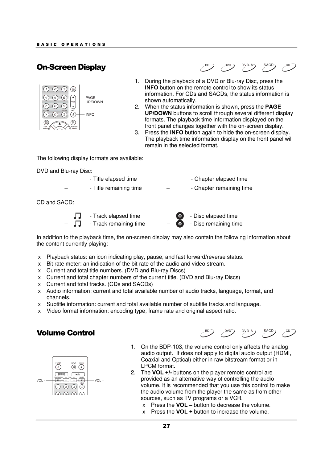 OPPO Digital BDP-103 user manual On-Screen Display, Volume Control 