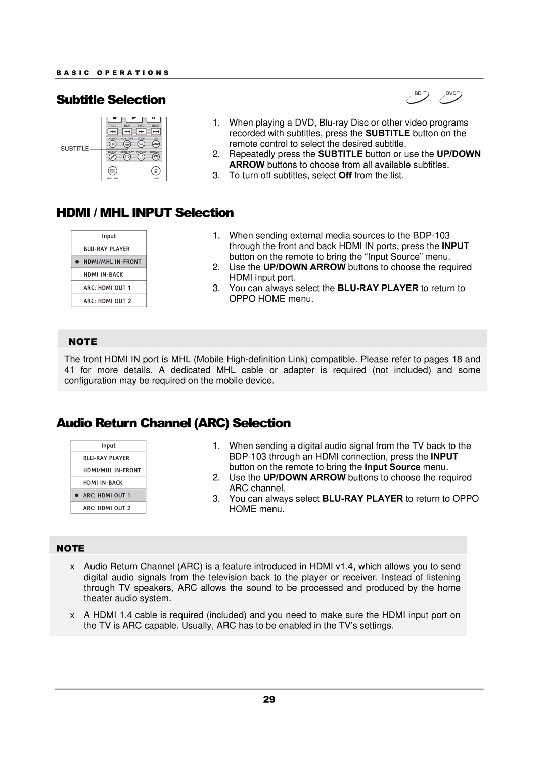 OPPO Digital BDP-103 user manual Subtitle Selection, Hdmi / MHL Input Selection, Audio Return Channel ARC Selection 