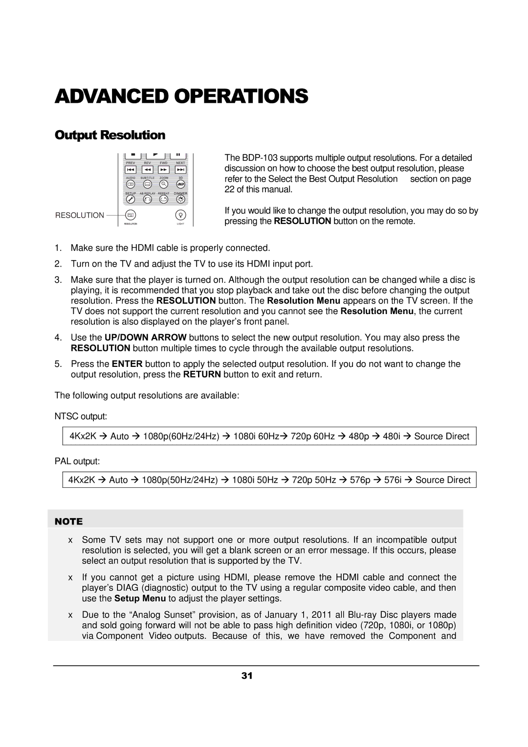 OPPO Digital BDP-103 user manual Advanced Operations, Output Resolution 