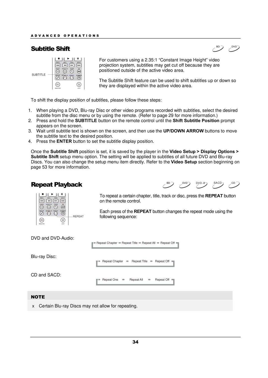 OPPO Digital BDP-103 user manual Subtitle Shift, Repeat Playback 