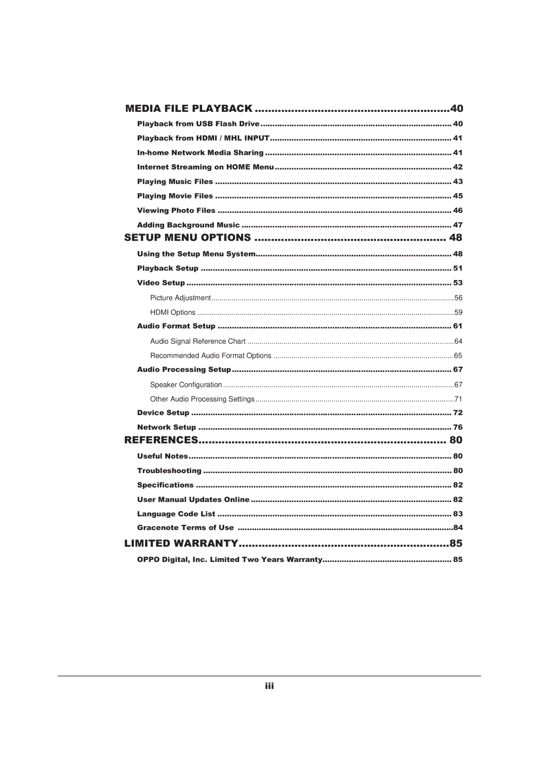 OPPO Digital BDP-103 user manual Setup Menu Options 