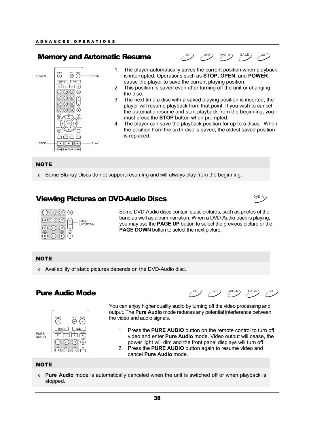 OPPO Digital BDP-103 user manual Memory and Automatic Resume, Viewing Pictures on DVD-Audio Discs, Pure Audio Mode 