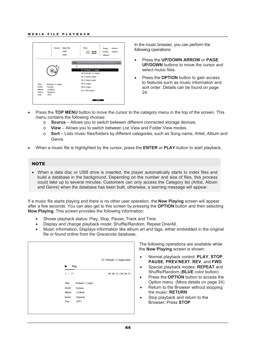 OPPO Digital BDP-103 user manual Music browser, you can perform the following operations 