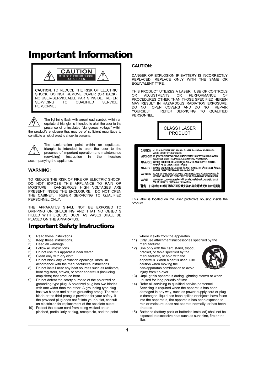 OPPO Digital BDP-103 user manual Important Information, Important Safety Instructions 