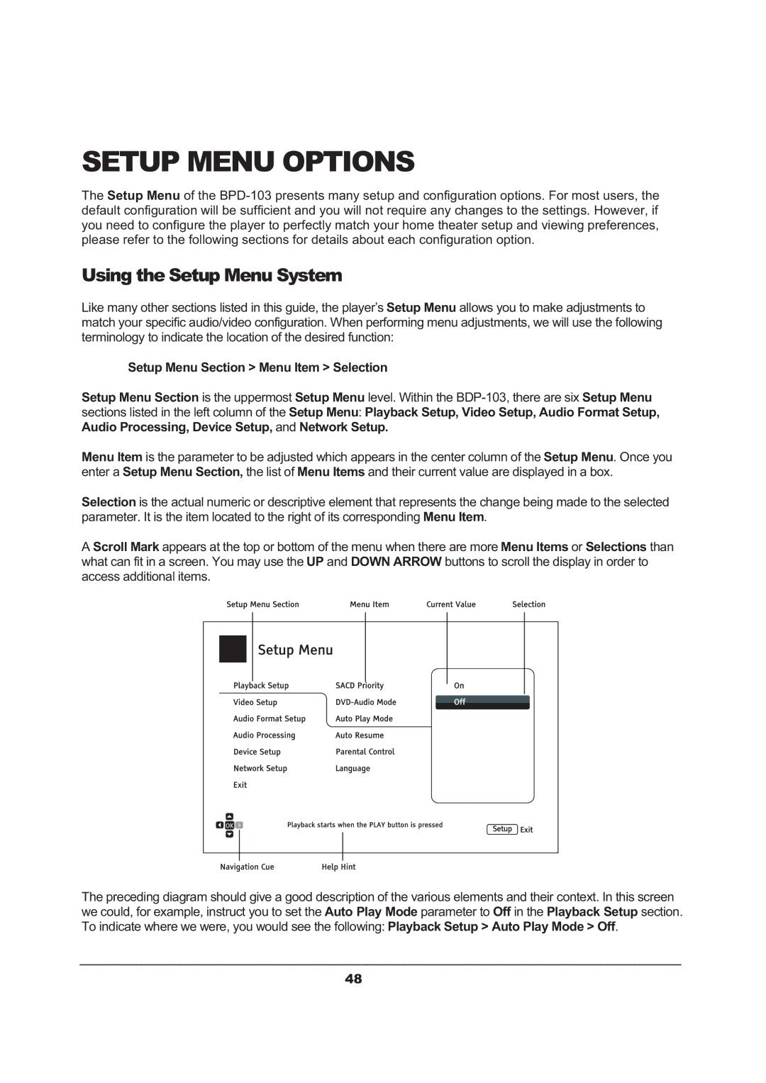 OPPO Digital BDP-103 user manual Setup Menu Options, Using the Setup Menu System 