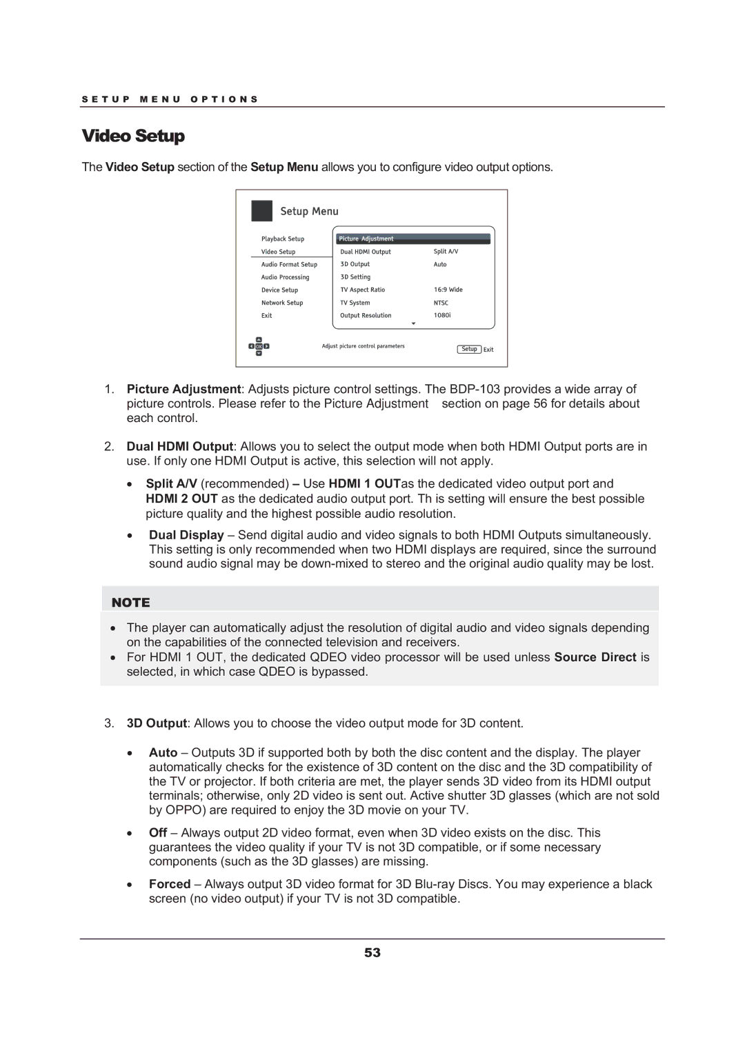 OPPO Digital BDP-103 user manual Video Setup 