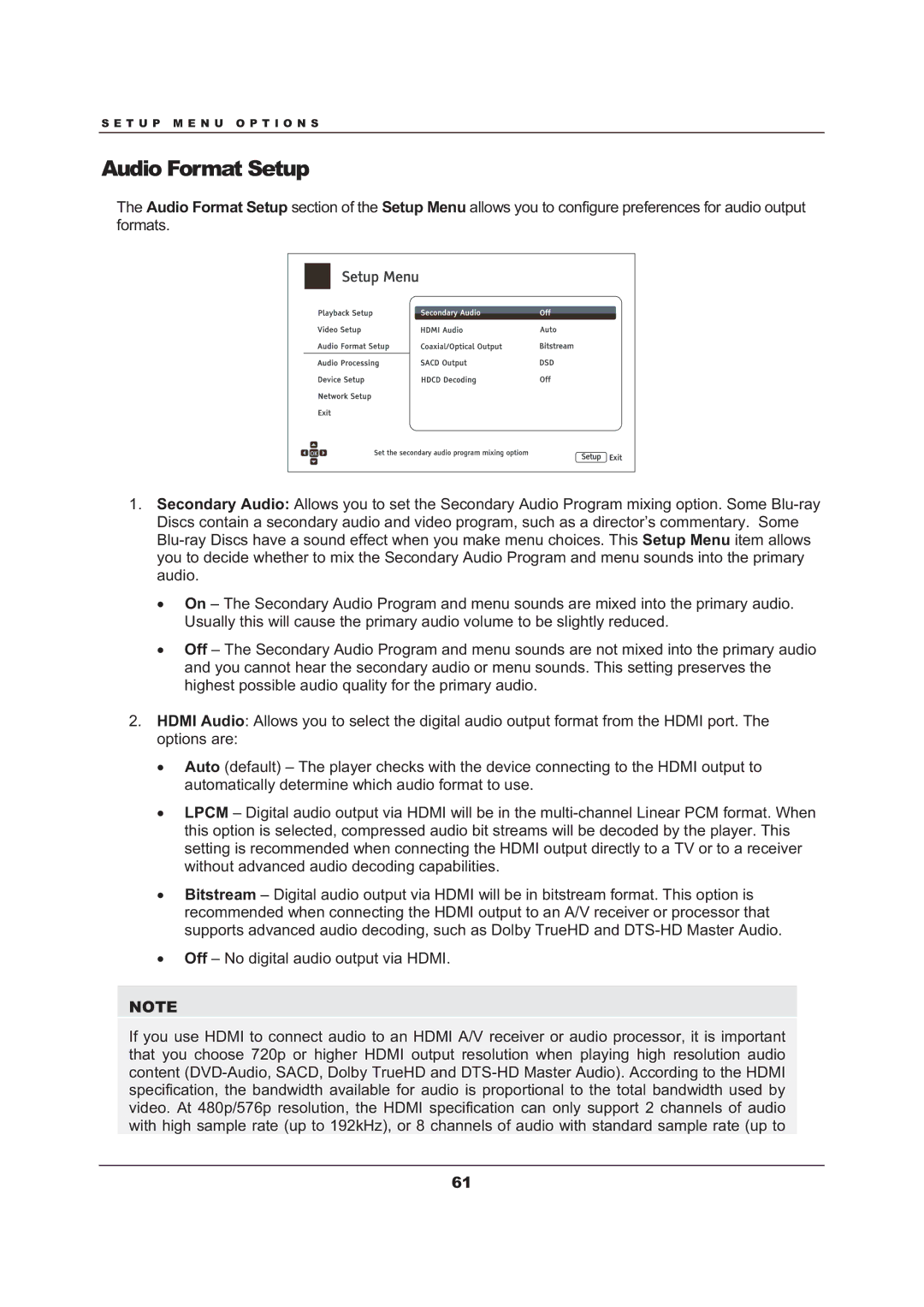 OPPO Digital BDP-103 user manual Audio Format Setup 