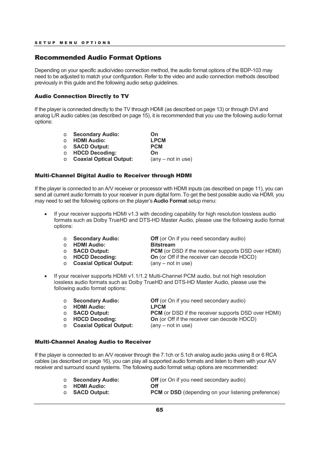 OPPO Digital BDP-103 user manual Recommended Audio Format Options 