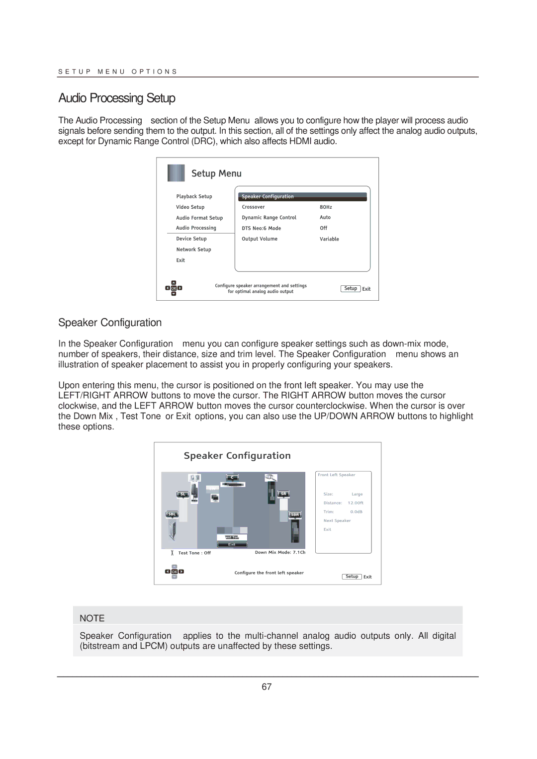 OPPO Digital BDP-103 user manual Audio Processing Setup, Speaker Configuration 