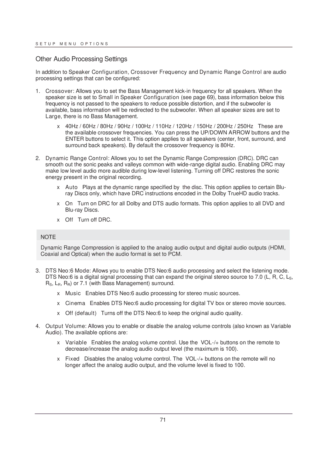 OPPO Digital BDP-103 user manual Other Audio Processing Settings 