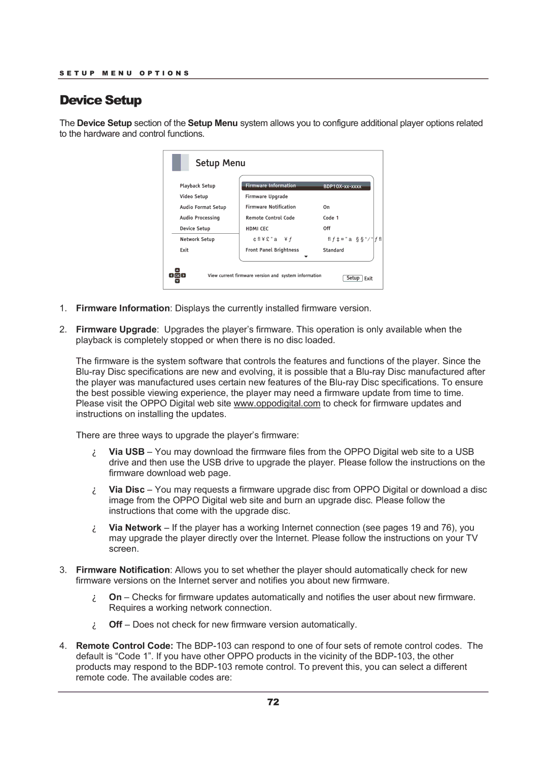 OPPO Digital BDP-103 user manual Device Setup 