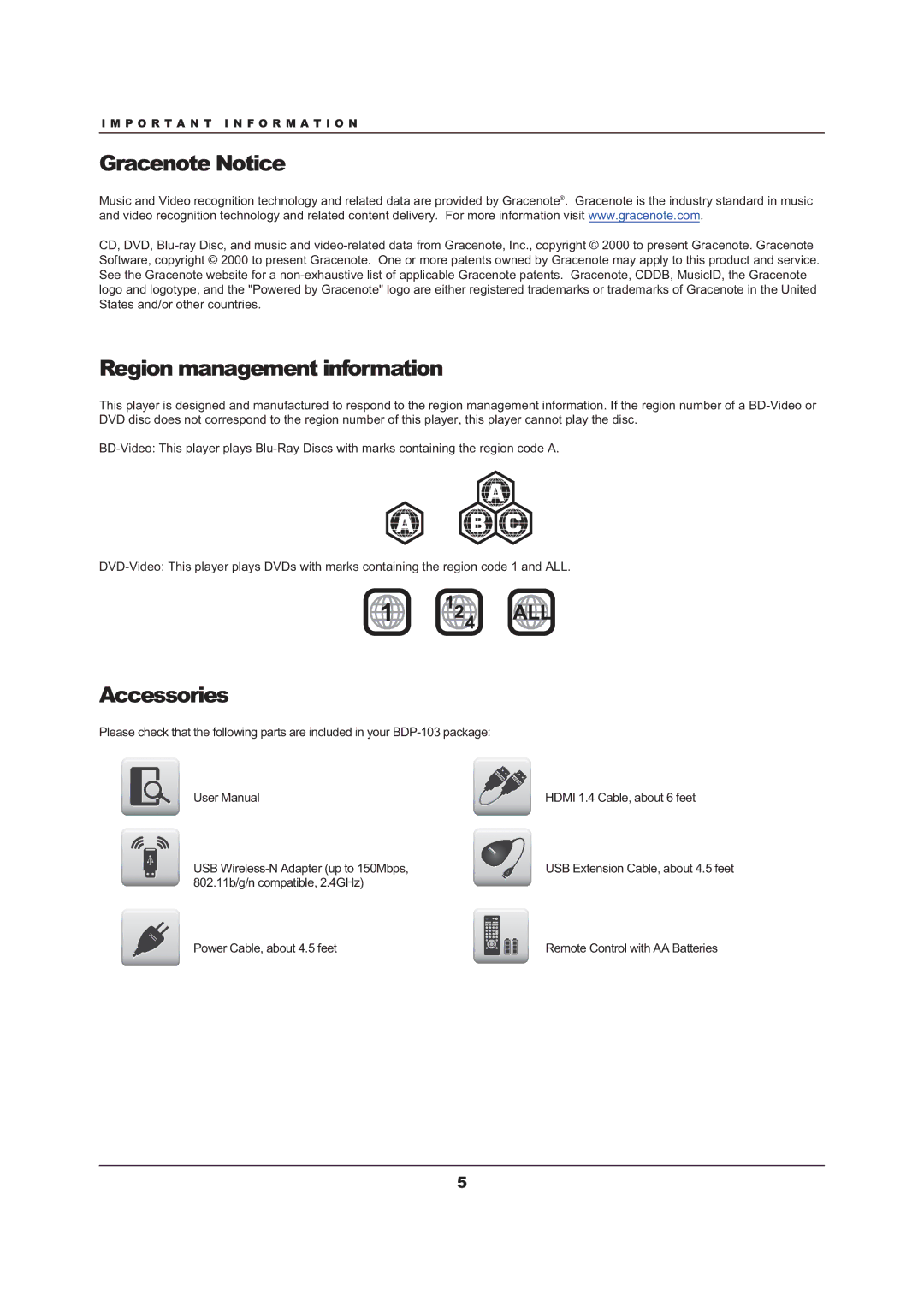 OPPO Digital BDP-103 user manual Gracenote Notice, Region management information, Accessories 