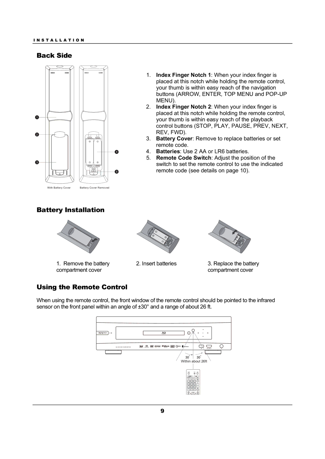 OPPO Digital BDP-105 user manual Back Side, Battery Installation, Using the Remote Control 