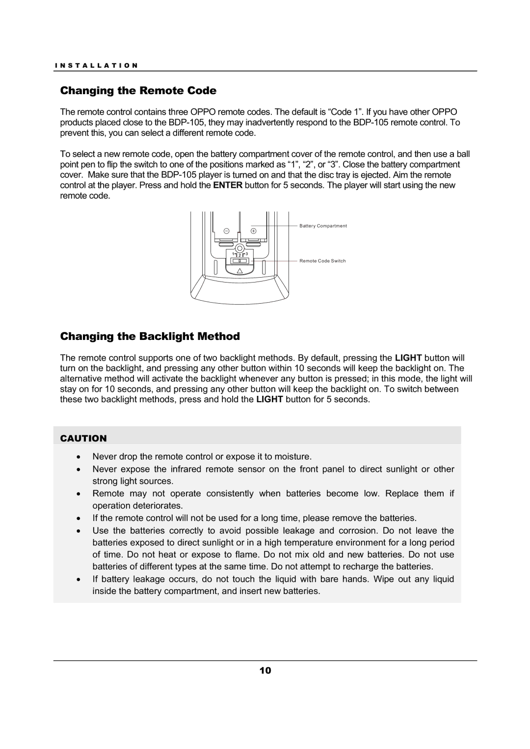 OPPO Digital BDP-105 user manual Changing the Remote Code, Changing the Backlight Method 