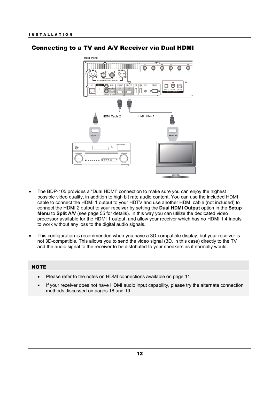 OPPO Digital BDP-105 user manual Connecting to a TV and A/V Receiver via Dual Hdmi 