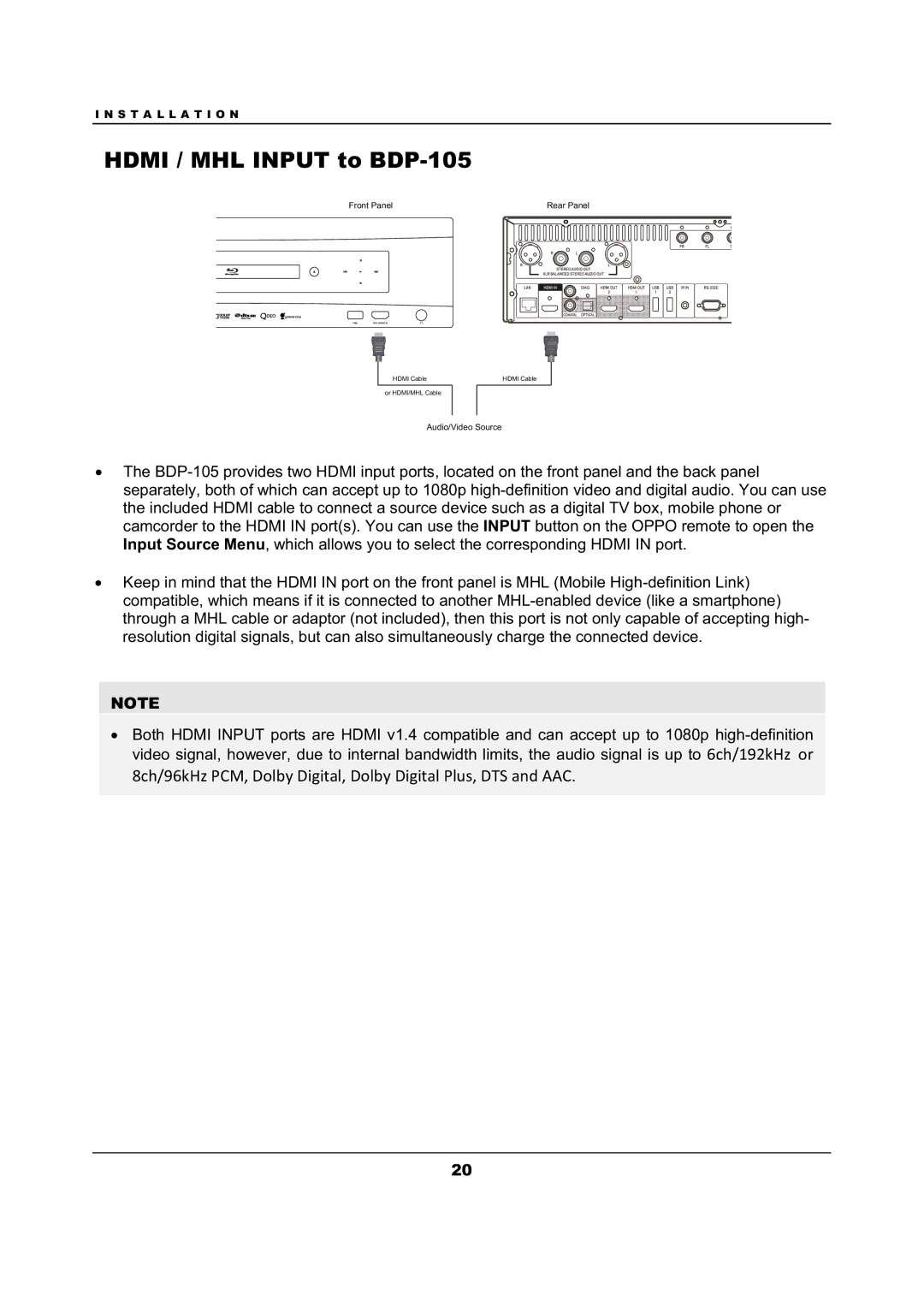 OPPO Digital user manual Hdmi / MHL Input to BDP-105 