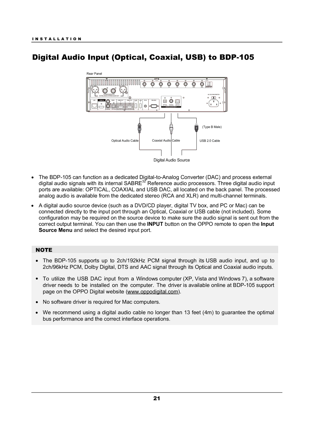 OPPO Digital user manual Digital Audio Input Optical, Coaxial, USB to BDP-105 