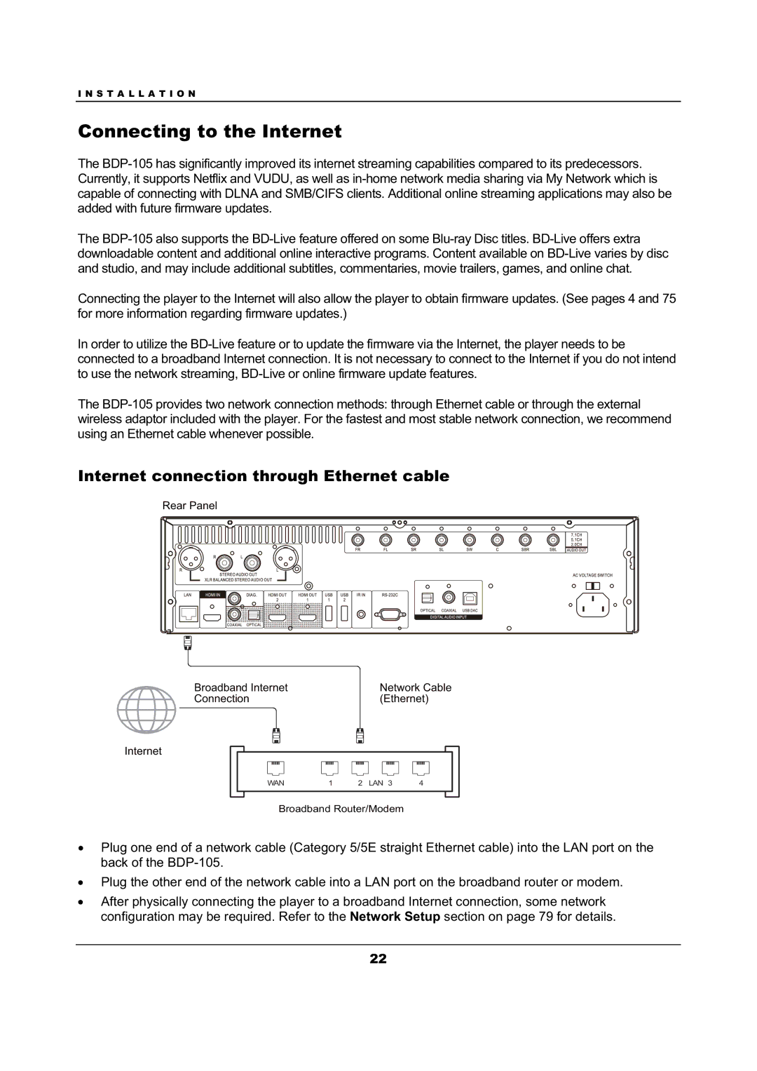 OPPO Digital BDP-105 user manual Connecting to the Internet, Internet connection through Ethernet cable 