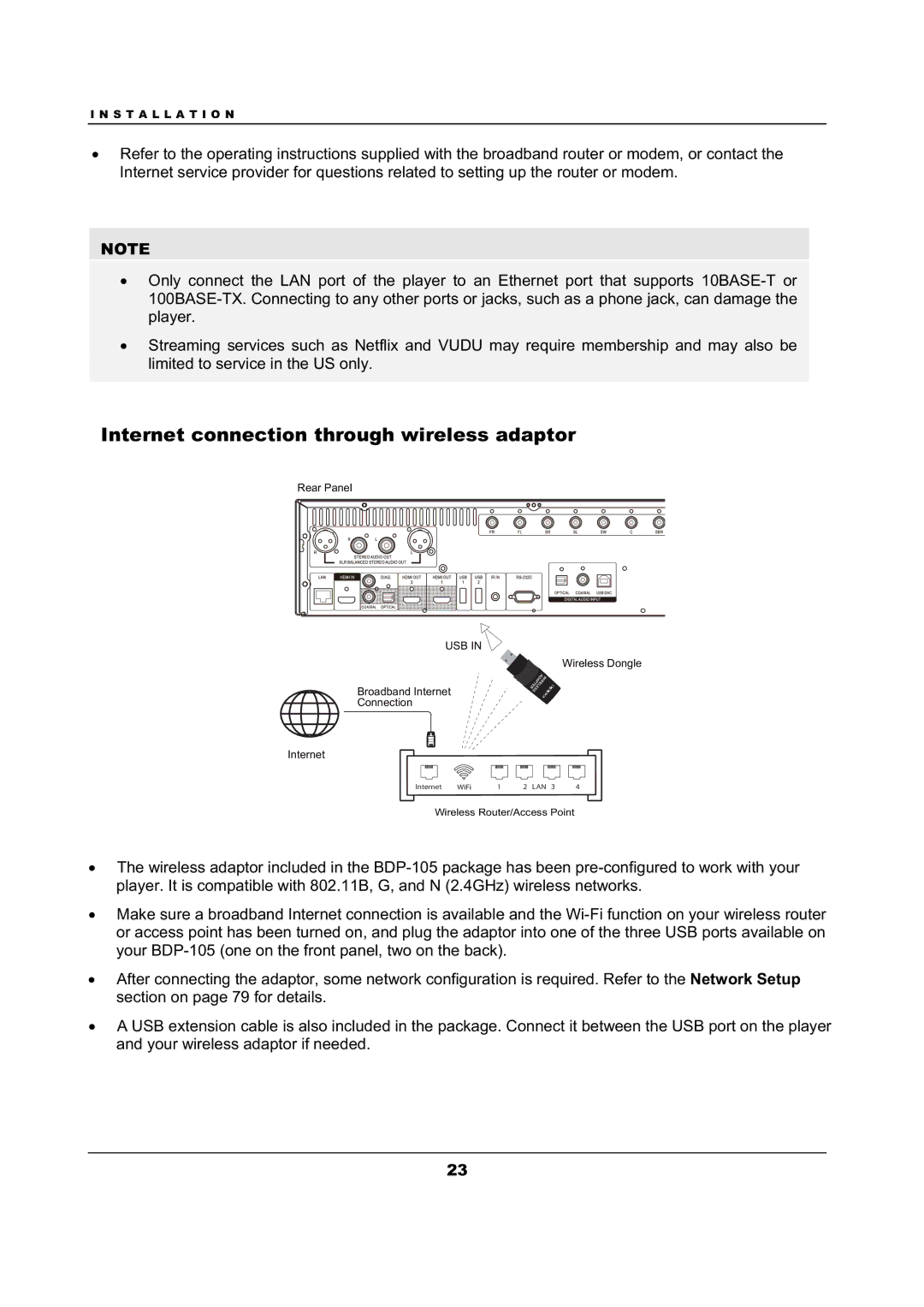 OPPO Digital BDP-105 user manual Internet connection through wireless adaptor, Usb 