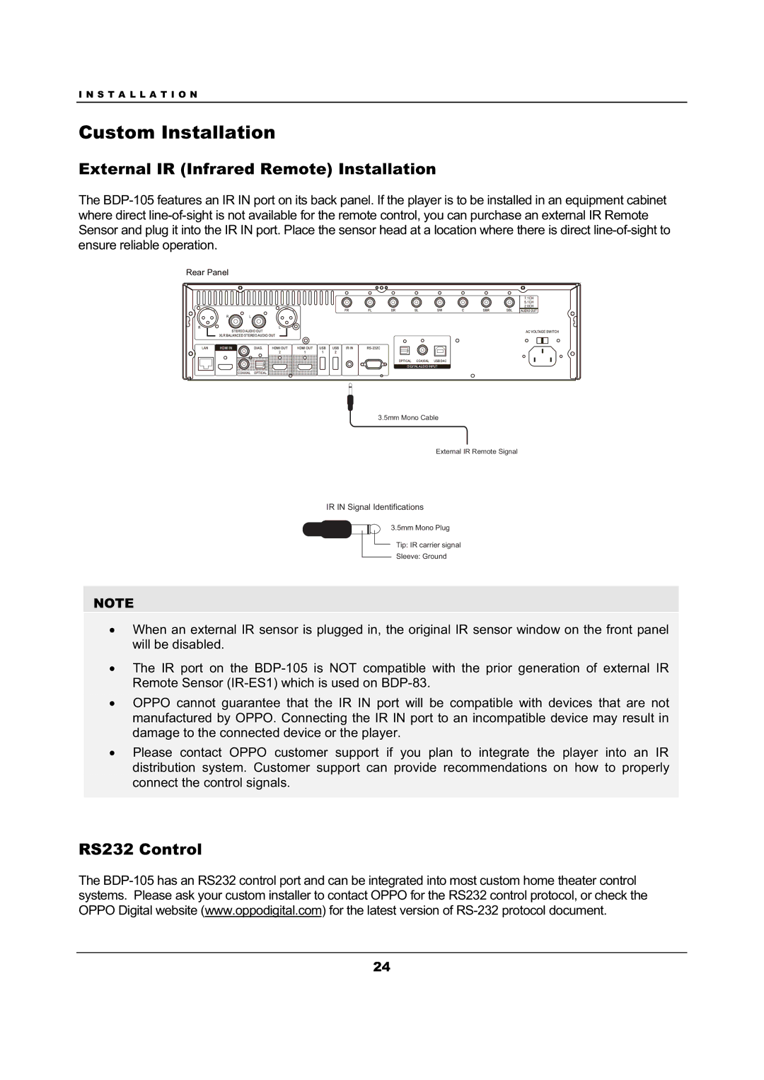 OPPO Digital BDP-105 user manual Custom Installation, External IR Infrared Remote Installation, RS232 Control 