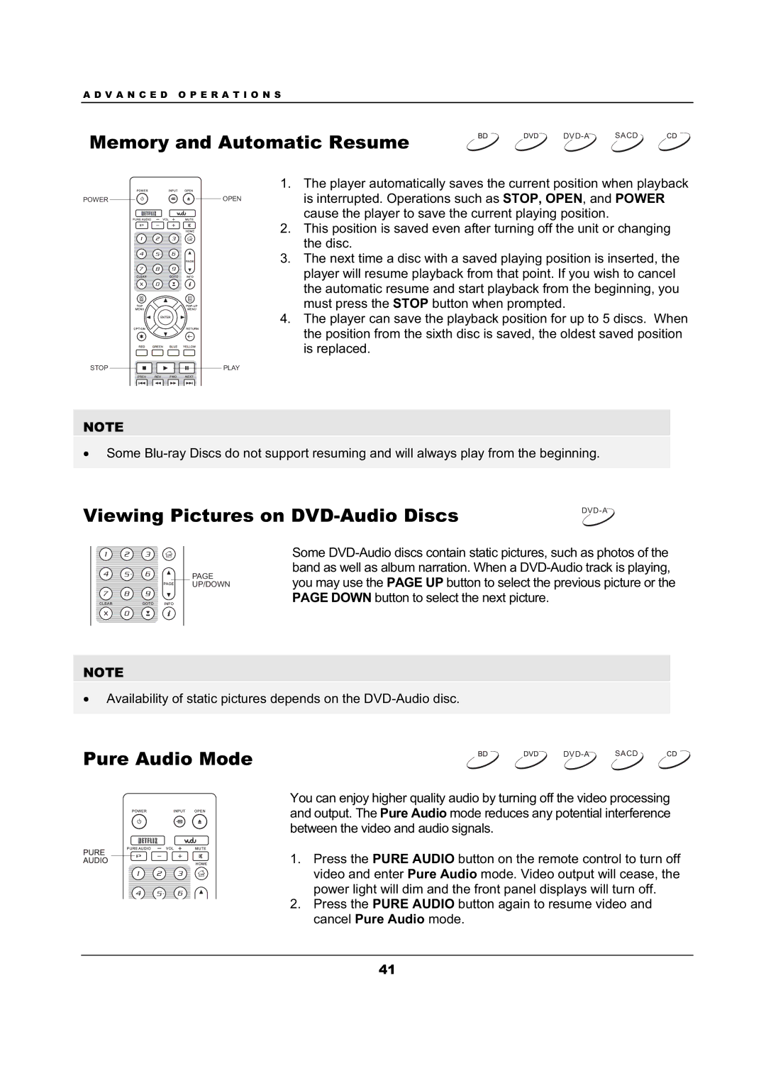 OPPO Digital BDP-105 user manual Memory and Automatic Resume, Viewing Pictures on DVD-Audio Discs, Pure Audio Mode 